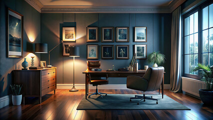 Chic home office with a mid-century desk, leather chair, and gallery wall