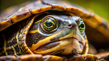A close-up of a curious turtle peering out from its shell, its eyes reflecting the surrounding environment.