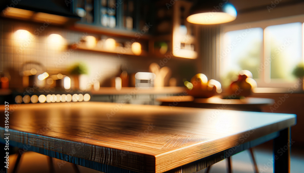 Aufkleber close-up of an empty wooden table with a blurred kitchen background, representing a modern interior 
