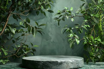 Stone podium with green leaves