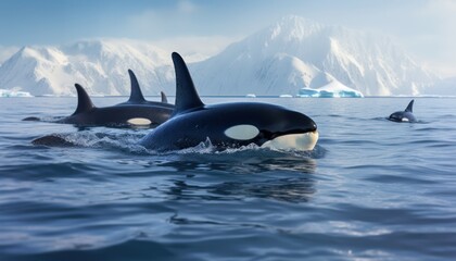 Fototapeta premium Groups of Orcas or killer whales swim and hunt for prey, the top of the food chain in a sea of ​​ice floes