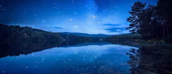 Starry night over a tranquil lake, clear reflection of the cosmos, solitude and peace in natural...