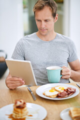 Man, tablet and morning breakfast or reading in home or nutrition meal with coffee, eggs or waffles. Male person, relax and online news in apartment kitchen for relax leisure, streaming or connection