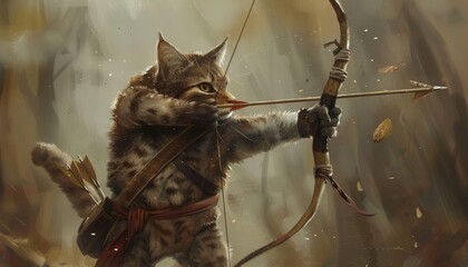 Fototapeta premium Feline Archer - Cat practicing archery with a tiny bow and arrow in a playful and mischievous manner.