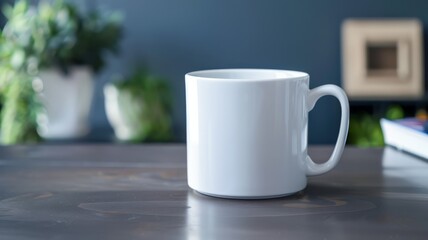 White ceramic mug on an office desk, isolated background, with copy space,