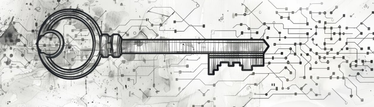 A detailed sketch illustration of a key with binary code etched into its surface