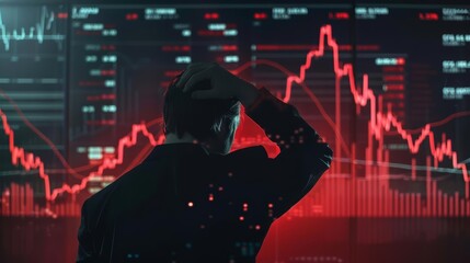 A distressed businessman clutching his head, with a red downward stock market graph superimposed over him, set against a dark background with financial data and charts