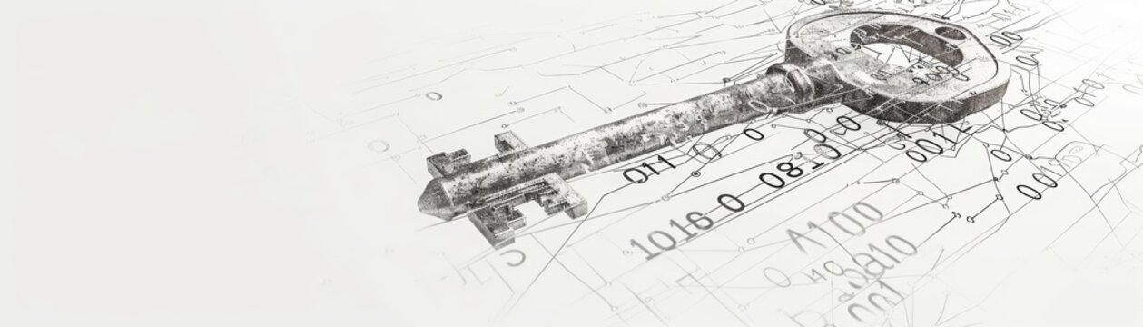 A detailed sketch illustration of a key with binary code etched into its surface