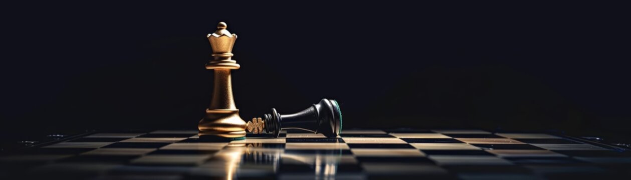 A dramatic image of a gold queen chess piece standing upright next to a fallen black king on a chessboard The background is a stark black