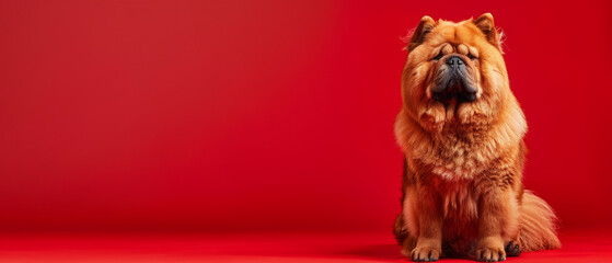 Indignant Chow Chow with rigid posture on a crimson background with copy space,