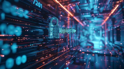 A futuristic scene with a holographic key floating in midair