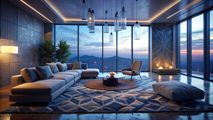 Contemporary living room with modular seating, geometric rugs, and floor-to-ceiling windows