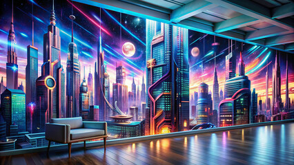 Full wall mural depicting a futuristic cityscape with neon lights and abstract shapes, blending graffiti with sci-fi elements