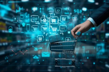 A hand in a suit pushing a small shopping cart with orange packages, set against a blurred background of orange icons and squares