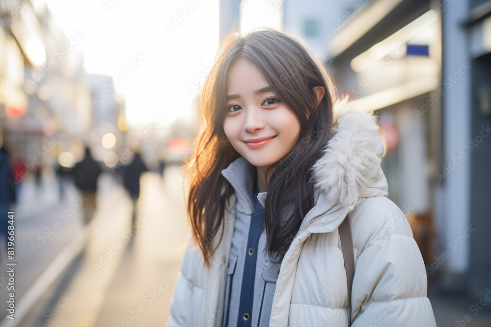 Wall mural teen pretty japanese girl at outdoors in winter clothes