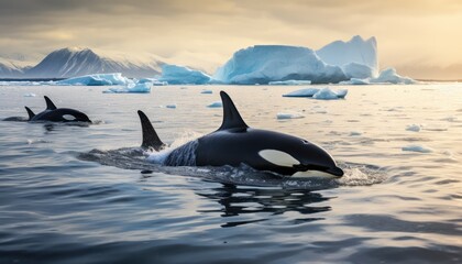 Fototapeta premium Groups of Orcas or killer whales swim and hunt for prey, the top of the food chain in a sea of ​​ice floes
