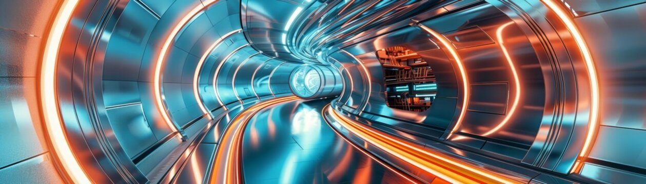 A hightech futuristic corridor with curved metallic walls