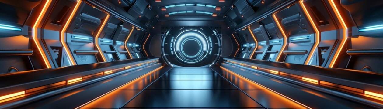 A hightech futuristic corridor with curved metallic walls