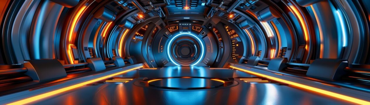 A hightech futuristic corridor with curved metallic walls