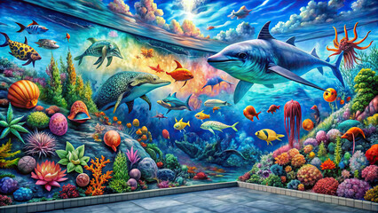 A full wall mural depicting a surreal underwater scene with marine life and abstract patterns, merging graffiti with fantasy