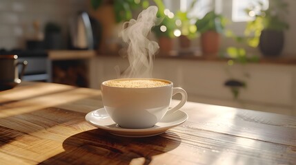 A Captivating Moment of Warmth and Aroma A Freshly Brewed Cup of Coffee on a Wooden Table