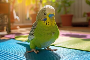 Colorful Parrot Perfecting Yoga Poses on Vibrant Mat in Serene Setting.