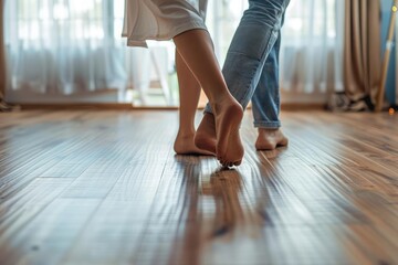A young couple feet on a hardwood floor