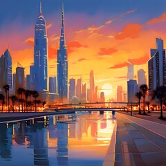 Skyline of Dubai during a sunset, generative AI