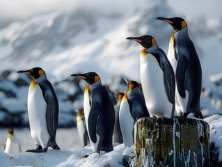 Fototapeta premium Curious and Playful Penguins Gathering in their Icy Tundra Habitat