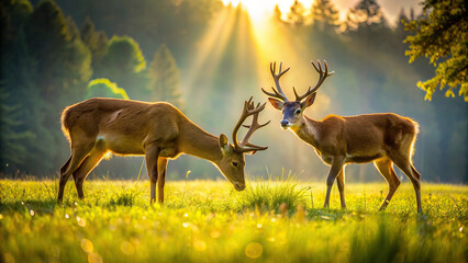 A pair of deer grazing peacefully in a sun-dappled meadow, their antlers reaching towards the sky.