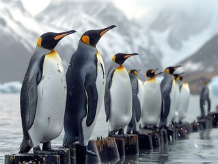 Fototapeta premium Curious Penguins Gathering Around Pole in Icy Arctic Habitat Showcasing Their Playful Nature