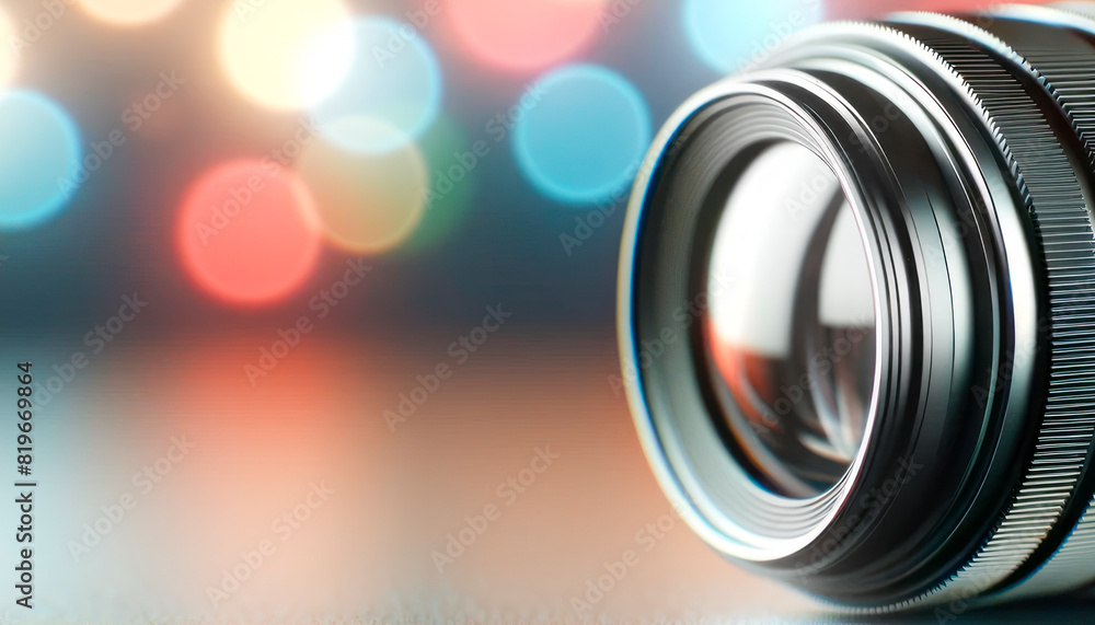 Poster close-up of a camera lens with colorful bokeh lights in the background, concept of photography equip