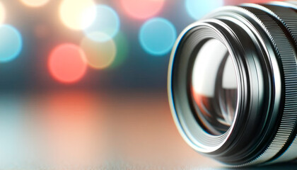Close-up of a camera lens with colorful bokeh lights in the background, concept of photography equipment. Generative AI