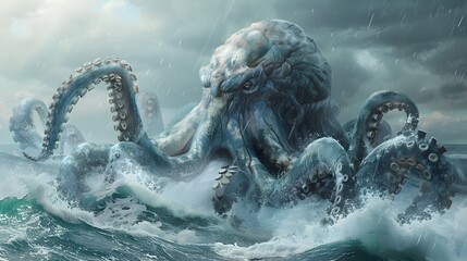 Formidable Mythical Sea Creature Emerging from Stormy Ocean Depths with Commanding Presence