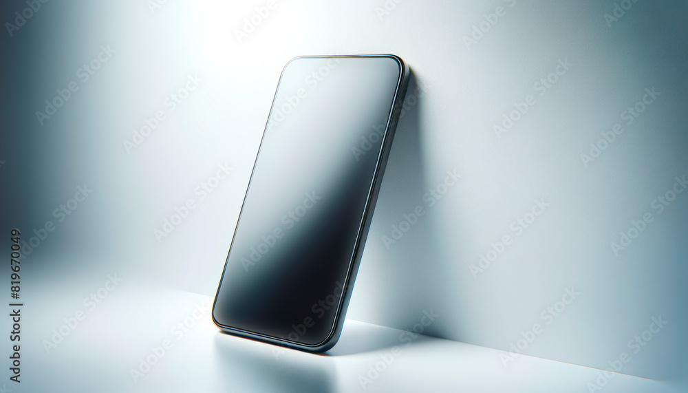 Poster a smartphone with a blank screen leaning on a light gray background, ideal for a mockup or branding 