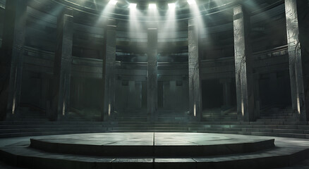 A cinematic still of an empty, dark circular stone platform in the center of a large roman hall with tall pillars and dramatic lighting