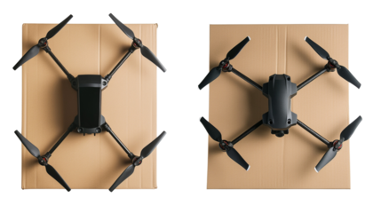 Drone on Brown Cardboard Box, Drone delivery service concept isolated on white background