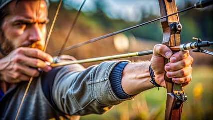 Macro shot of a serious archer's hands drawing back the bowstring with precision and focus, ready to release the arrow 