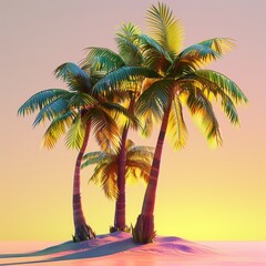 Vibrant, colorful palm trees on a tropical island at sunset, capturing a serene and exotic beach scene with warm tones and lush greenery.