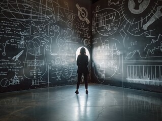 Fototapeta na wymiar Silhouette of a person standing in front of a large chalkboard filled with scientific drawings and equations, symbolizing creativity and innovation.