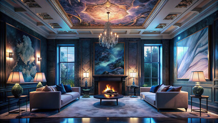Lavish living room adorned with marble fireplace, coffered ceiling, and oversized artwork
