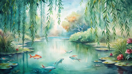 A captivating watercolor painting of a tranquil pond surrounded by weeping willows, their graceful branches trailing in the clear water, while koi fish glide beneath the surface
