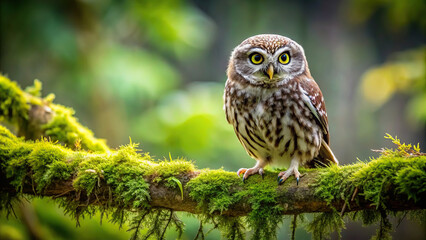 A wise old owl perched on a moss-covered branch, its piercing gaze captivating all who behold it.