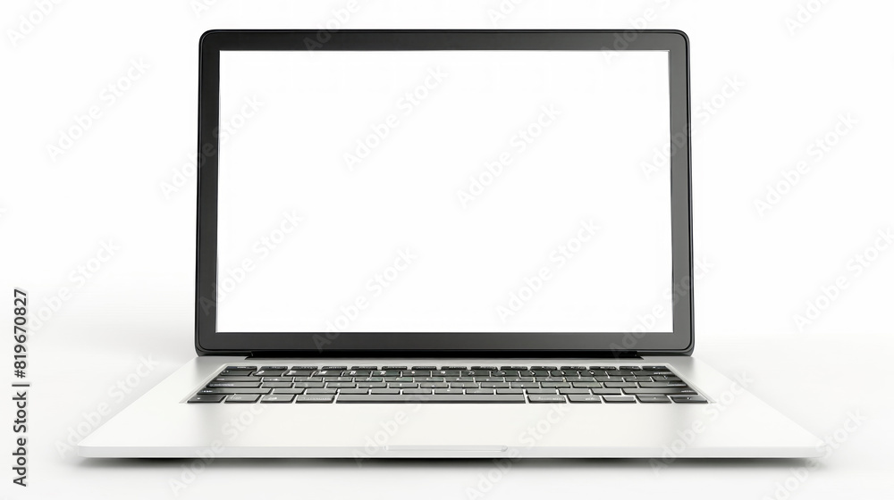 Poster an open laptop with a blank white screen on a white background, modern, suitable for design mockups.