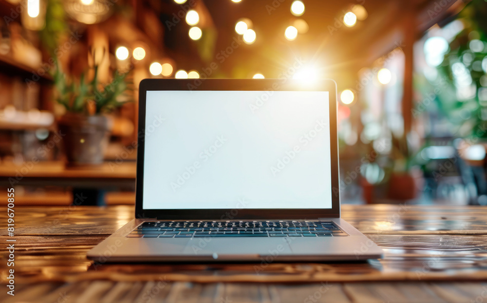 Poster a laptop with a blank screen on a wooden table, bokeh lights in a cozy cafe setting, concept of work