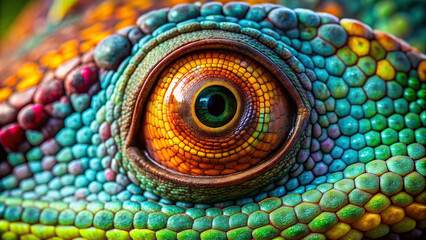 An up-close view of a chameleon's eye, revealing the intricate patterns and vibrant colors of its iris.