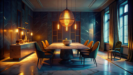 Luxury dining room with a marble-top table, upholstered chairs, and a statement pendant light hanging above, casting a warm glow.