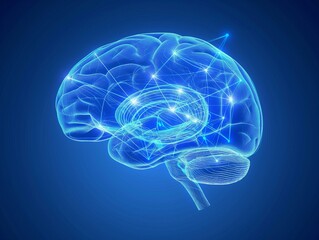 A glowing digital brain with interconnected neural pathways on a blue background, symbolizing artificial intelligence and neuroscience.