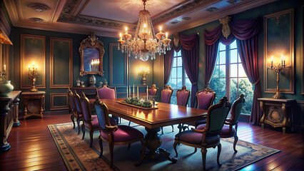 Fototapeta na wymiar Luxury dining room with a polished wooden table, upholstered chairs, and crystal chandelier