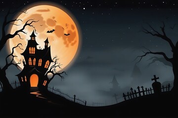 Happy halloween banner or party invitation background with haunted house, graveyard, dead tree and pumpkins.
